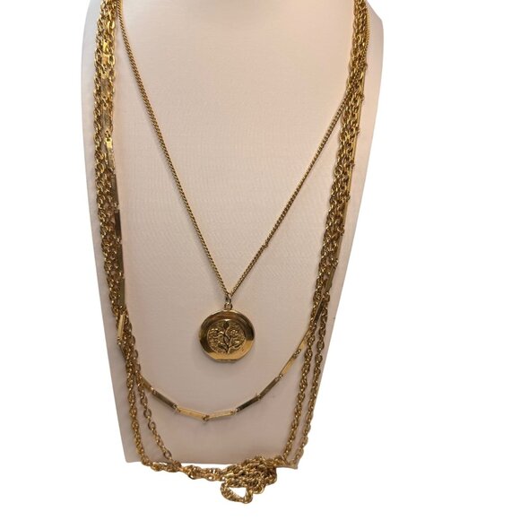 Locket pendant 4 tier necklace Gold Plated Multi-Layer Necklace With Floral Etch - Picture 5 of 10
